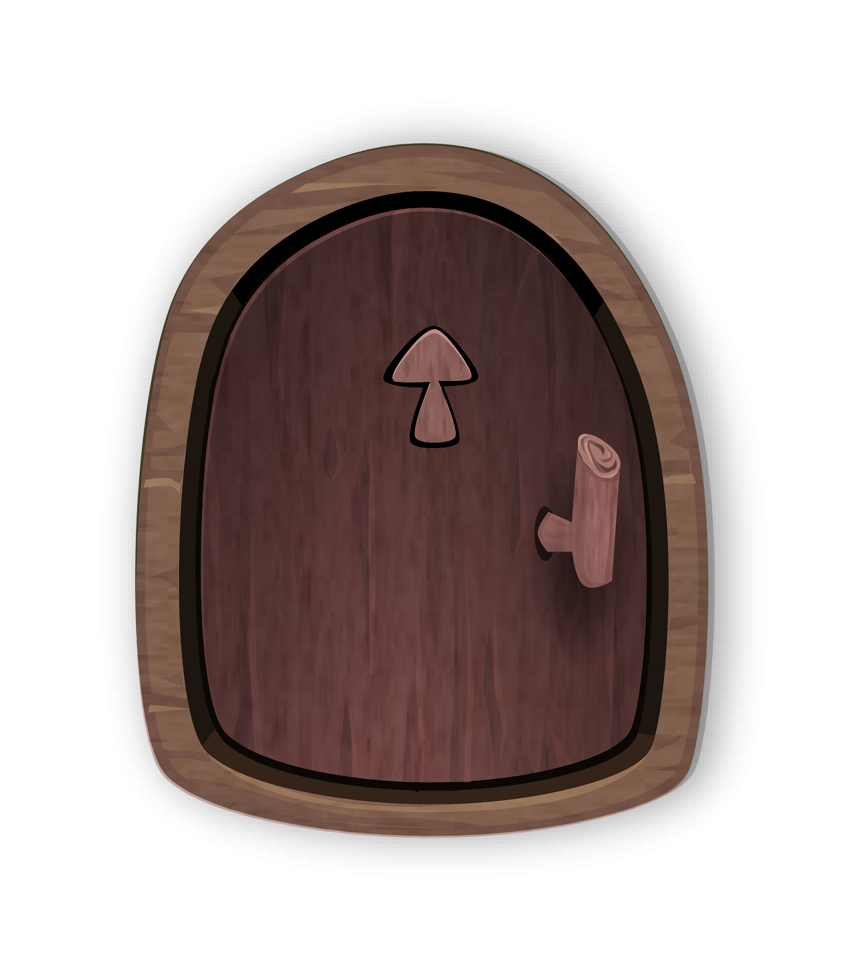 Cartoon wooden door with arrow pointing in.