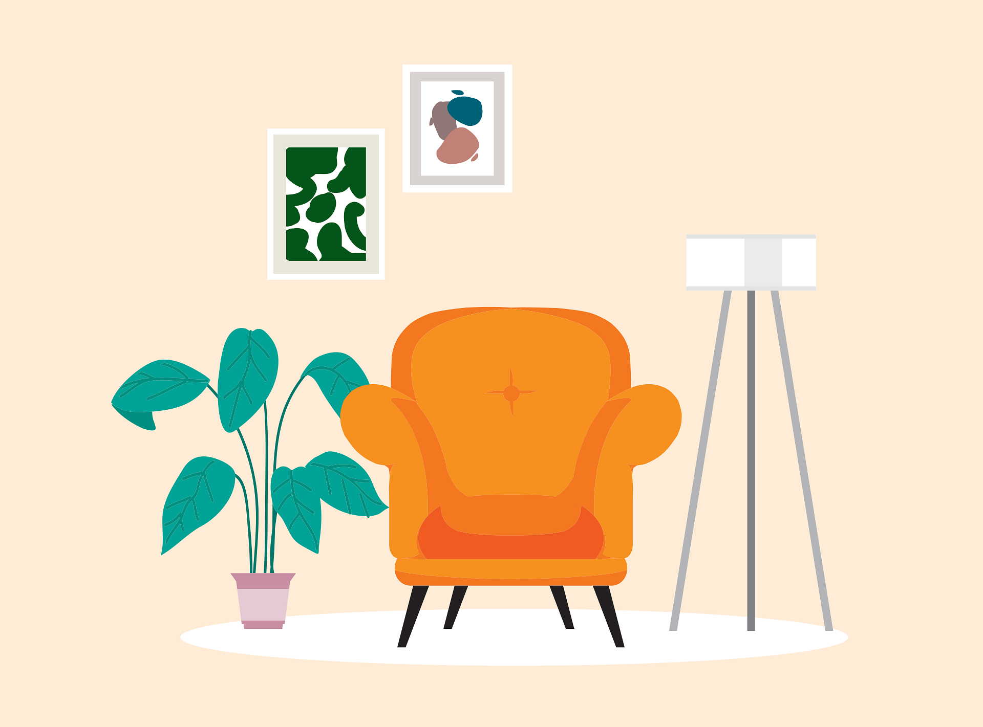 Image of a room with an armchair beside a plant and stand lamp, with 2 photos on the wall